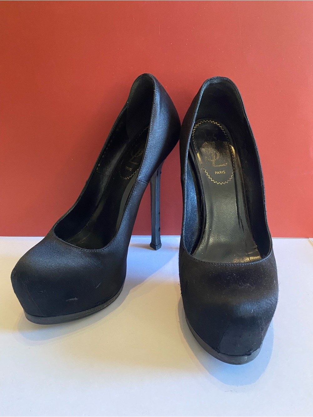 Yves Saint Laurent Black Satin Tribtoo 80 Heels Size 36.5